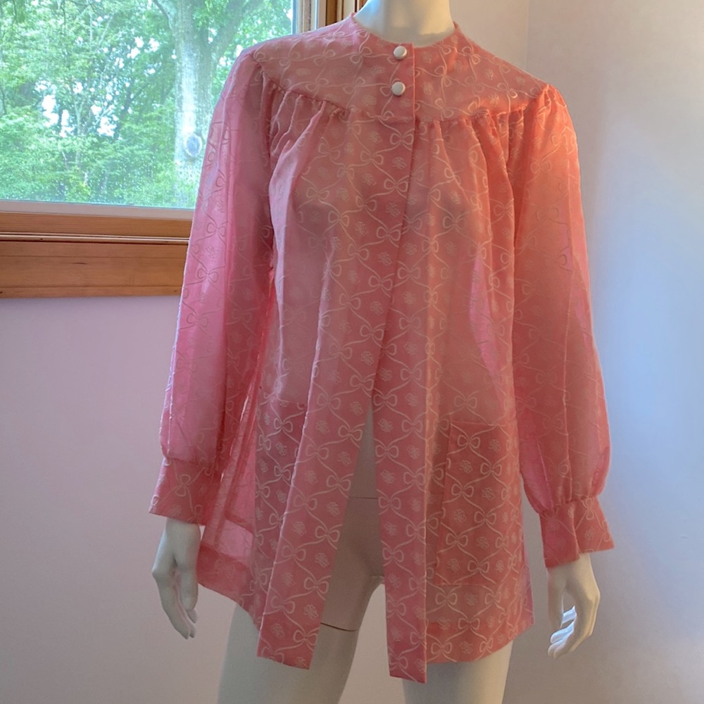 VTG Mid Century Harbour Casuals Ltd. Roxanne pink white bows. Smock top NOS